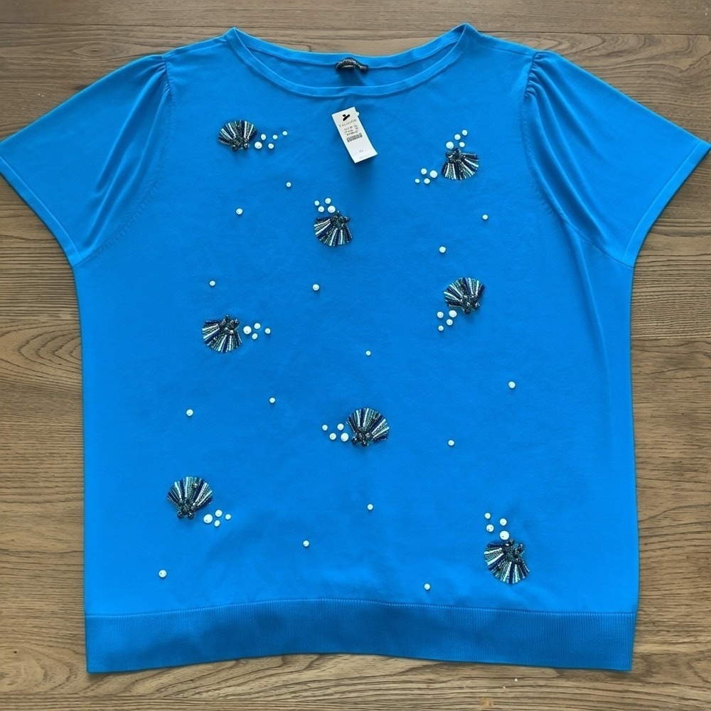 Talbots XL Blue Short Sleeve Sweater Beaded Sea Shells Faux Pearls Nautical NEW